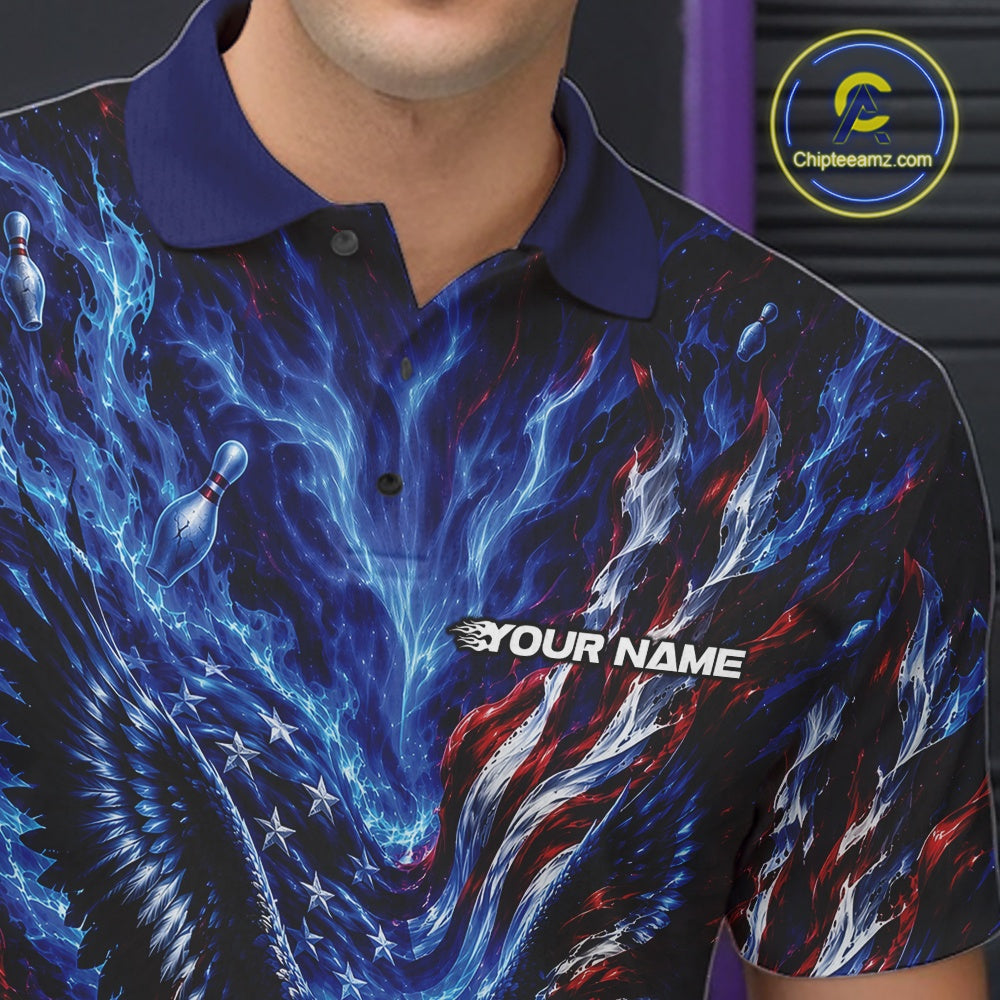 Close up of the left chest on a bowling polo shirt featuring eagle artwork, a bowling ball, flowing flag elements, and bowling pins.