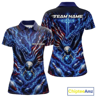 Women’s polo shirt mockup shown front and back with an eagle surrounding a bowling ball, flowing flag elements, and bowling pins.