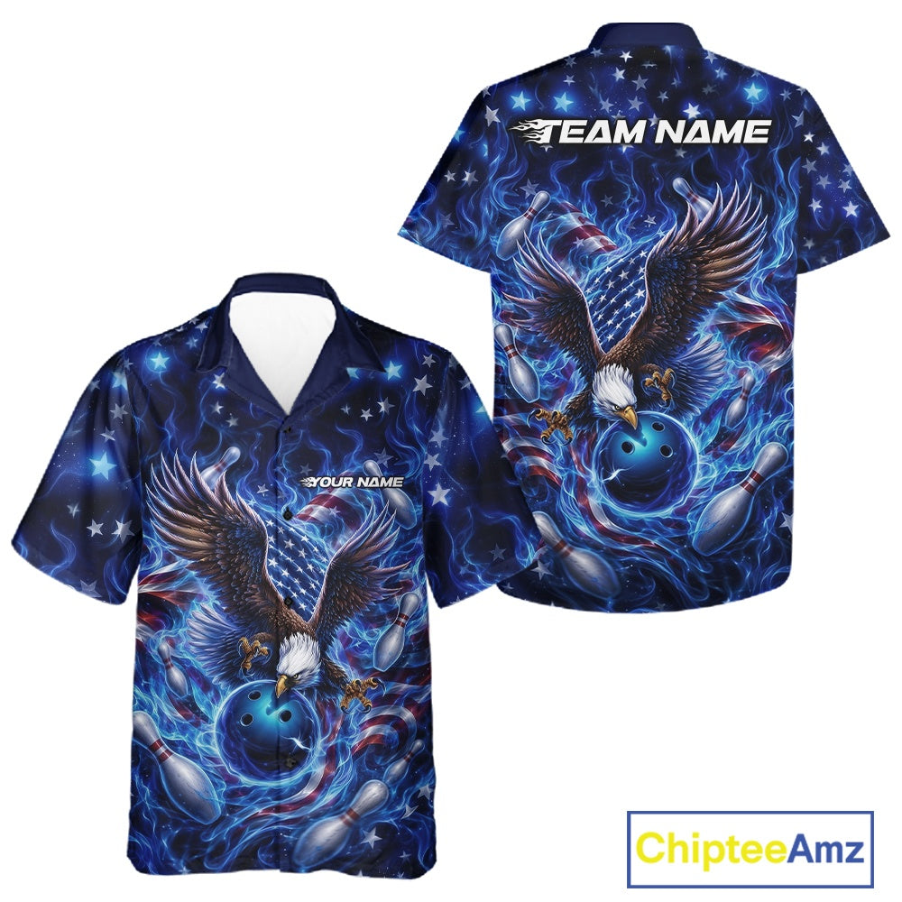 Front and back bowling shirt mockup featuring an eagle reaching toward a bowling ball, framed by flag elements, pins, and blue flame patterns.