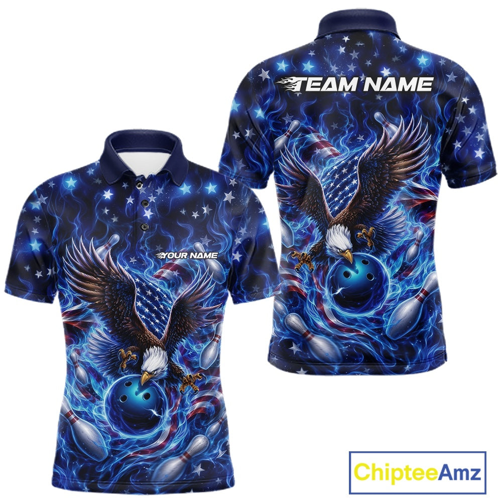 Front and back men’s bowling polo shirt mockup featuring an eagle reaching toward a bowling ball, framed by flag elements, pins, and blue flames.