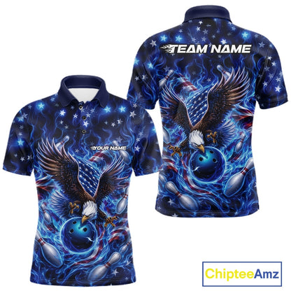 Front and back men’s bowling polo shirt mockup featuring an eagle reaching toward a bowling ball, framed by flag elements, pins, and blue flames.