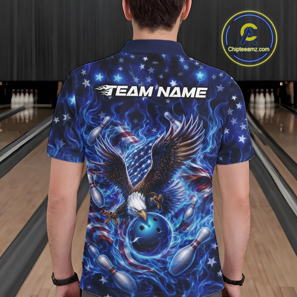 Back view of a male model in a bowling lane wearing a polo shirt with eagle artwork, bowling ball, flag elements, pins, and blue flames.