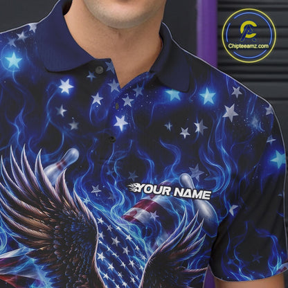 Close up left chest view of a bowling polo shirt featuring an eagle reaching toward a bowling ball with flag details, pins, and blue flames.