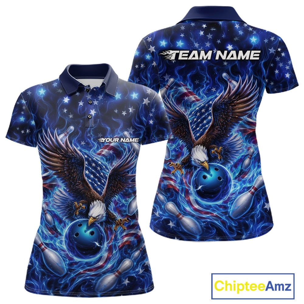 Front and back women’s polo shirt mockup with eagle artwork reaching toward a bowling ball, framed by flag elements, pins, and blue flames.