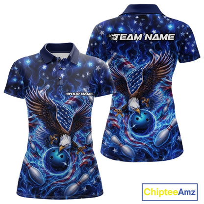 Front and back women’s polo shirt mockup with eagle artwork reaching toward a bowling ball, framed by flag elements, pins, and blue flames.