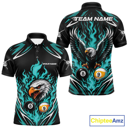 Custom Turquoise Blue Flame Eagle 8 Ball And 9 Ball Billiards Jersey Polo Shirt For Men IPHW11773