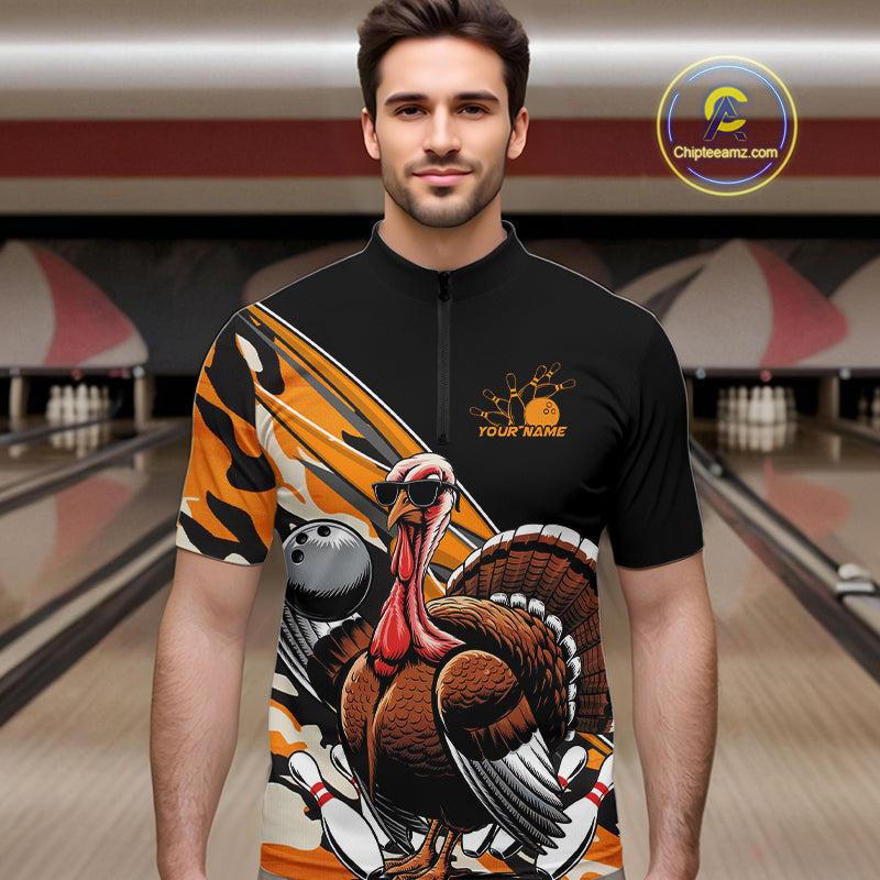 Black And Yellow Camo Custom Funny Turkey Bowling Shirts For Men, Thanksgiving Bowling Tournament IPHW7881