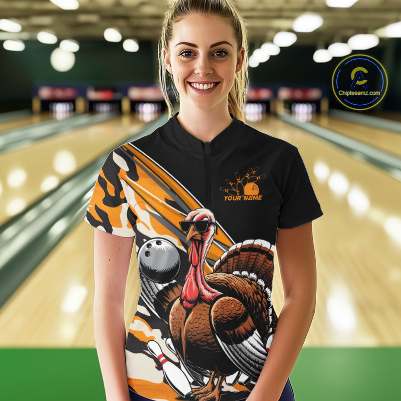 Black And Yellow Camo Custom Funny Turkey Ladies Bowling Shirts, Thanksgiving Bowling IPHW7881