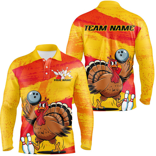 Orange And Yellow Custom Funny Turkey Bowling Shirts For Men, Thanksgiving Bowling Team Outfits IPHW7883