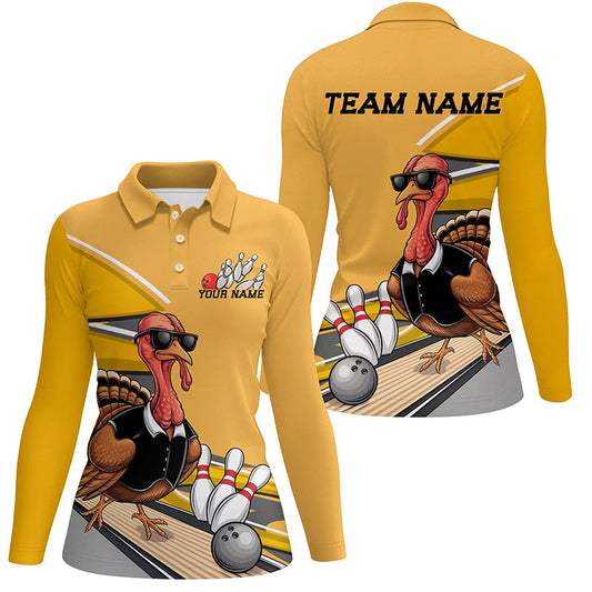 Custom Yellow Funny Turkey Bowling Team Shirts For Women, Thanksgiving Bowler Outfits IPHW7885