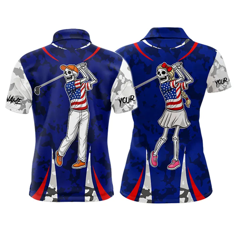 USA flag camo golf outfits funny skull matching men and womens golf shirts custom patriotic golf tops NQS11400