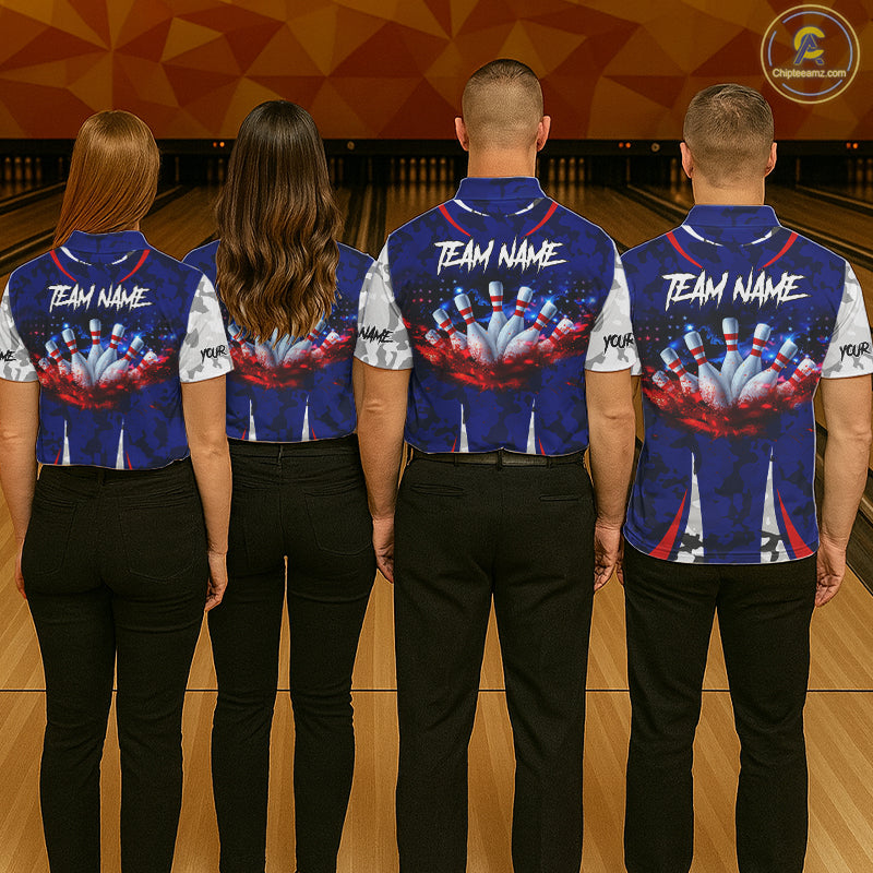 Camo American flag bowling jersey custom Women bowling polo, 1/4 zip shirts, bowling league shirts NQS11401