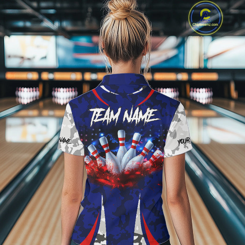 Camo American flag bowling jersey custom Women bowling polo, 1/4 zip shirts, bowling league shirts NQS11401