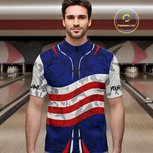 Load image into Gallery viewer, Camo American flag bowling jersey custom bowling polo, 1/4 zip shirts for men, bowling league shirts NQS11401