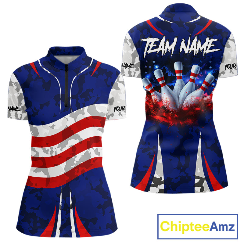 Camo American flag bowling jersey custom Women bowling polo, 1/4 zip shirts, bowling league shirts NQS11401