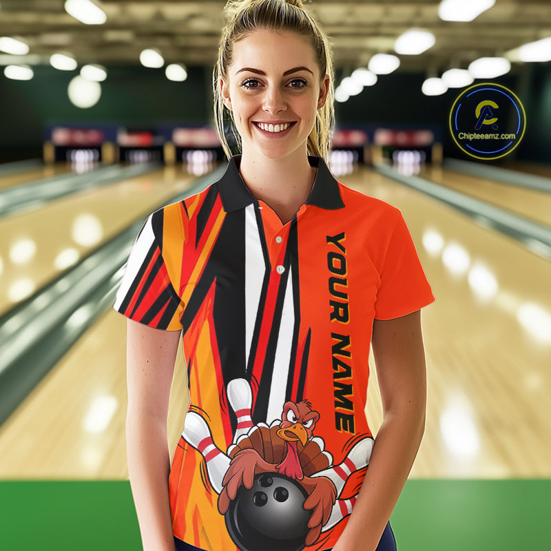 Custom Funny Turkey Ladies Bowling Shirts, Orange Thanksgiving Bowling Shirt Team Uniform IPHW7659