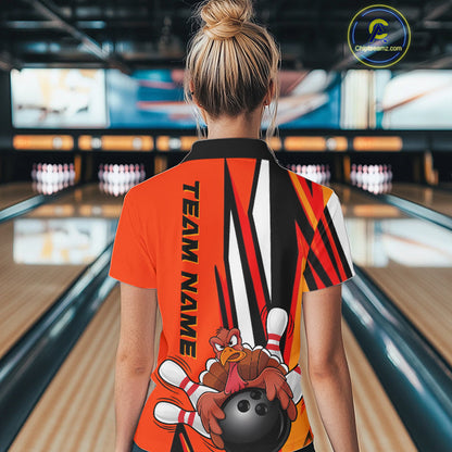 Custom Funny Turkey Ladies Bowling Shirts, Orange Thanksgiving Bowling Shirt Team Uniform IPHW7659