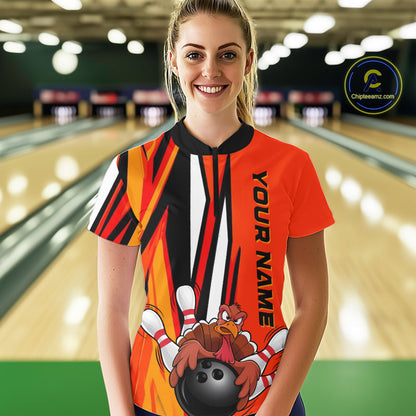 Custom Funny Turkey Ladies Bowling Shirts, Orange Thanksgiving Bowling Shirt Team Uniform IPHW7659