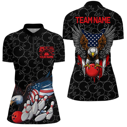 American Eagle Custom Patriotic US Flag Ladies Bowling Shirts, Black Bowling Team Uniform IPHW7891