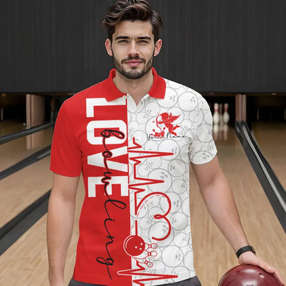 White And Red Custom Love Bowling Polo Shirts For Men, Valentines Couple Bowling Jerseys IPHW8324