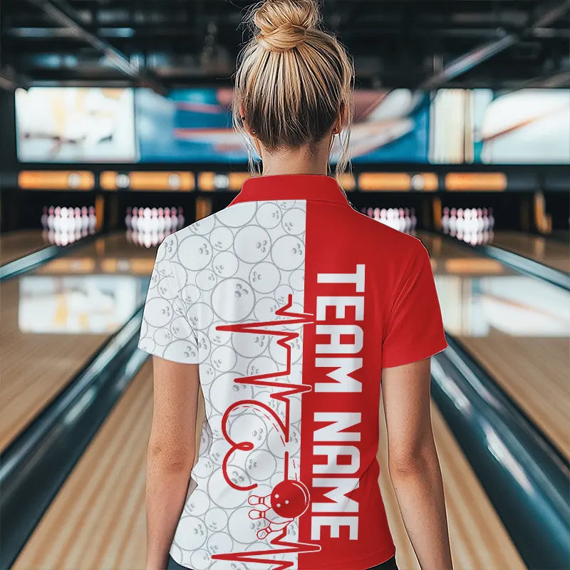 White And Red Custom Love Bowling Polo Shirts For Women, Valentines Couple Bowling Jerseys IPHW8324