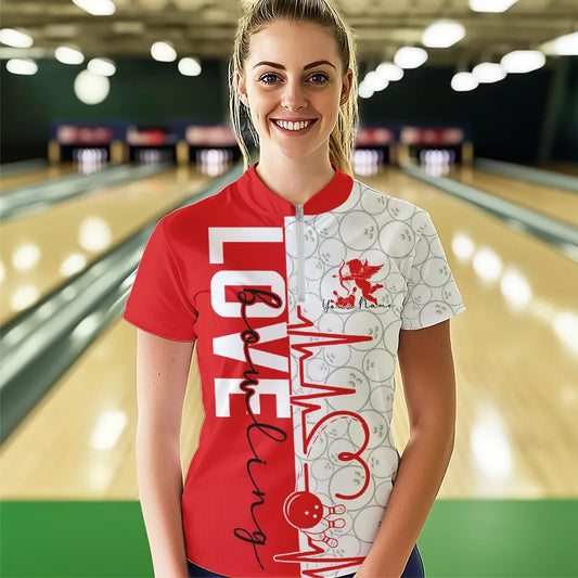 White And Red Custom Love Bowling Womens Quarter-Zip Shirt, Valentine Couple Bowling Jersey IPHW8324