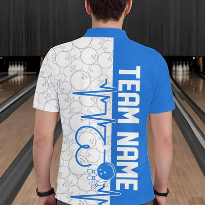 White And Blue Custom Love Bowling Polo Shirts For Men, Valentines Couple Bowling Jerseys IPHW8326
