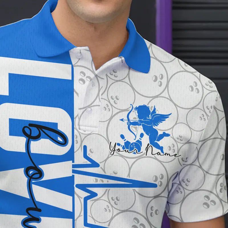 White And Blue Custom Love Bowling Polo Shirts For Men, Valentines Couple Bowling Jerseys IPHW8326