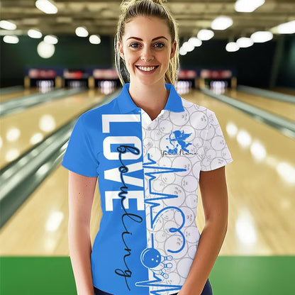 White And Blue Custom Love Bowling Polo Shirts For Women, Valentines Couple Bowling Jerseys IPHW8326