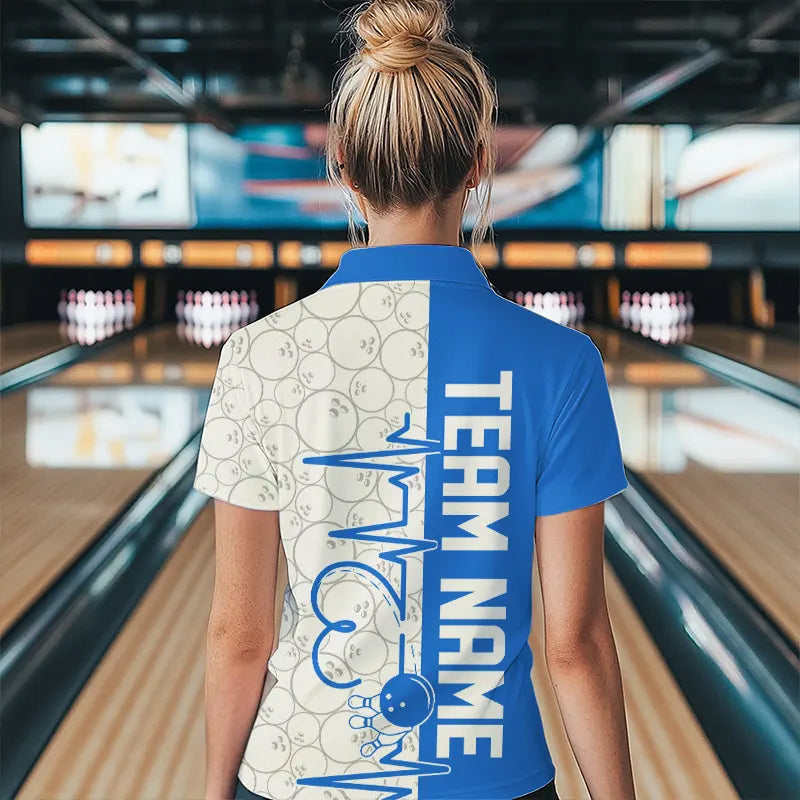White And Blue Custom Love Bowling Polo Shirts For Women, Valentines Couple Bowling Jerseys IPHW8326