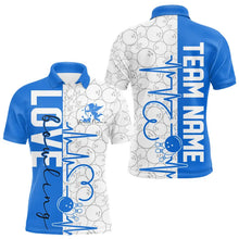 Load image into Gallery viewer, White And Blue Custom Love Bowling Polo Shirts For Men, Valentines Couple Bowling Jerseys IPHW8326