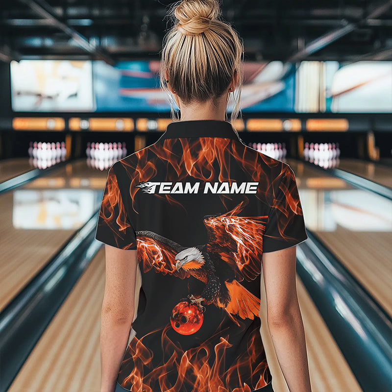 Custom Black And Orange Flame Eagle Bowling Team Women Polo Shirts, Eagle Bowling Shirt IPHW8799