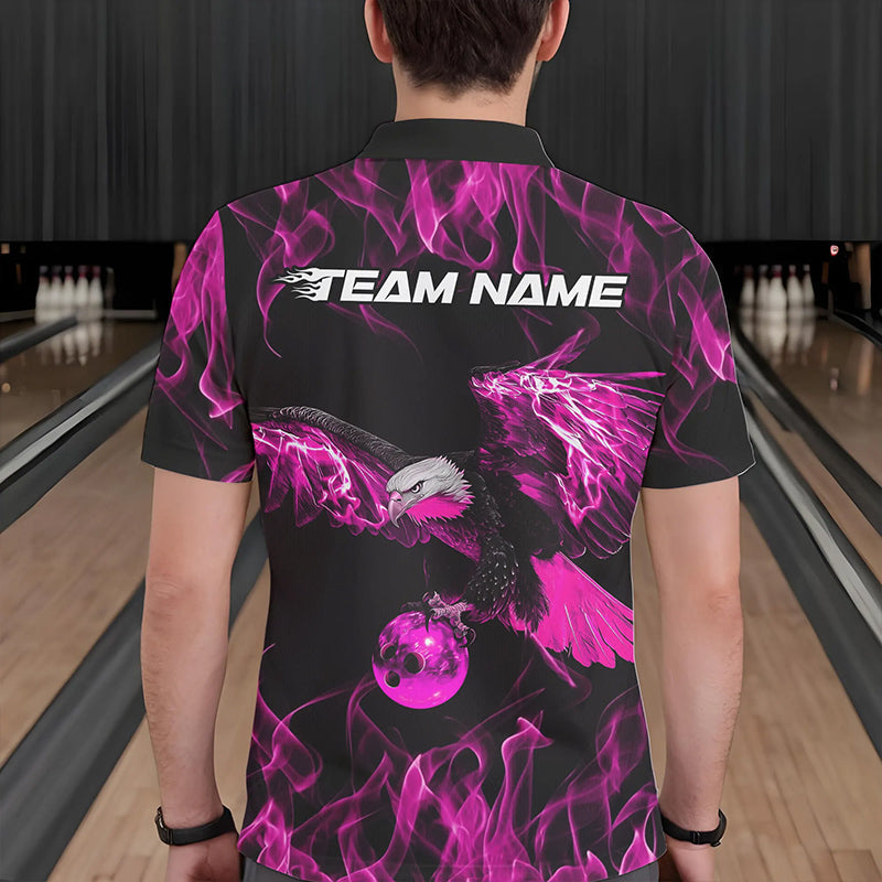 Custom Black And Pink Flame Eagle Bowling Team Men Polo Shirts, Eagle Bowling League Shirt IPHW8800
