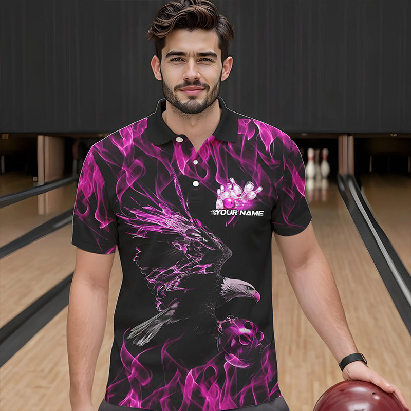 Custom Black And Pink Flame Eagle Bowling Team Men Polo Shirts, Eagle Bowling League Shirt IPHW8800
