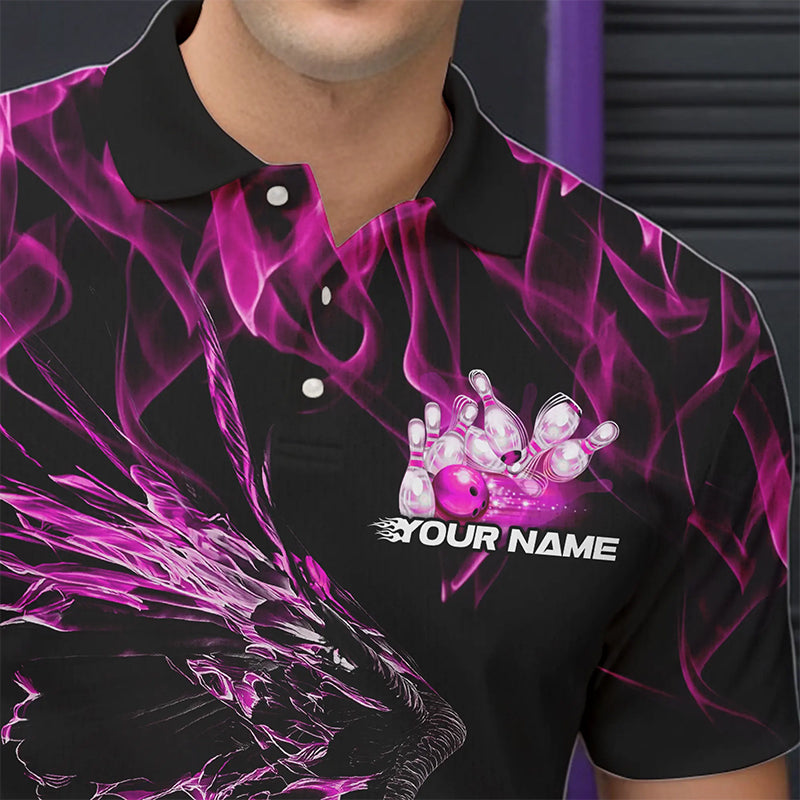 Custom Black And Pink Flame Eagle Bowling Team Men Polo Shirts, Eagle Bowling League Shirt IPHW8800