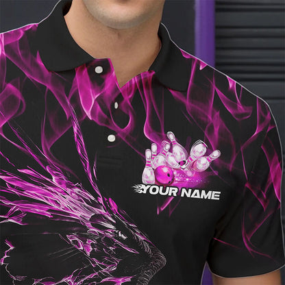 Custom Black And Pink Flame Eagle Bowling Team Men Polo Shirts, Eagle Bowling League Shirt IPHW8800