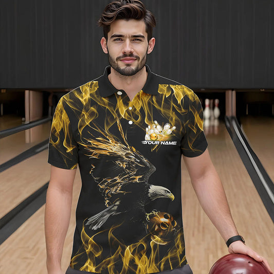 Custom Black And Gold Flame Eagle Bowling Team Men Polo Shirts, Eagle Bowling League Shirt IPHW8801