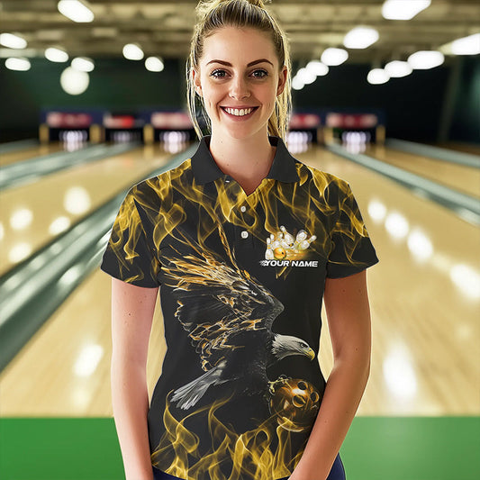 Custom Black And Gold Flame Eagle Bowling Team Women Polo Shirt, Eagle Bowling League Shirt IPHW8801