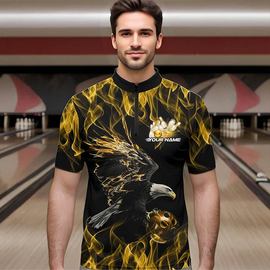 Custom Black And Gold Flame Eagle Bowling Team Men Quarter-Zip Shirts, Eagle Bowling League Shirt IPHW8801