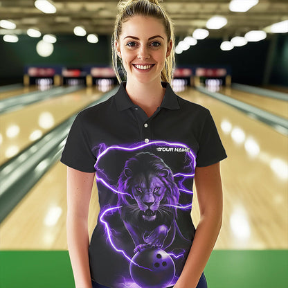 Custom Black And Purple Thunder Lightning Lion Bowling Polo Shirts For Women, Team Uniform IPHW8802