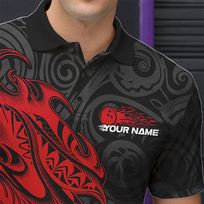 Custom Black And Red Tribal Polynesian Bowling Team Men Polo Shirts, Niho Mano Bowling Shirt IPHW8811