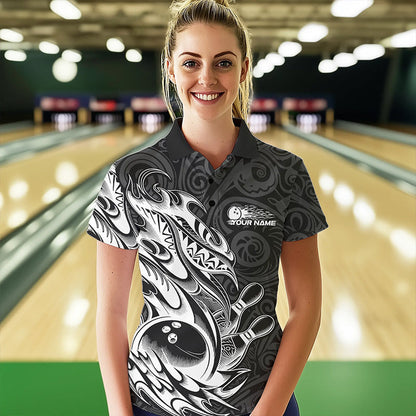 Custom Black And White Tribal Polynesian Bowling Women Polo Shirts, Niho Mano Bowling Shirt IPHW8812
