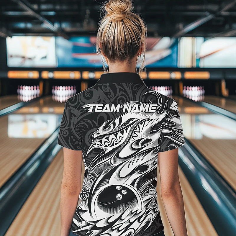 Custom Black And White Tribal Polynesian Bowling Women Polo Shirts, Niho Mano Bowling Shirt IPHW8812