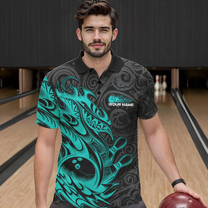 Custom Black And Blue Tribal Polynesian Bowling Team Men Polo Shirts, Niho Mano Bowling Shirt IPHW8813