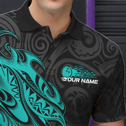 Custom Black And Blue Tribal Polynesian Bowling Team Men Polo Shirts, Niho Mano Bowling Shirt IPHW8813