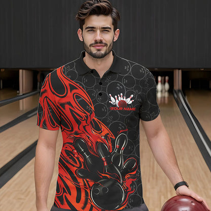 Custom Black And Red Tribal Flame Bowling Team Men Polo Shirts, Bowling Pattern Outfits IPHW8814