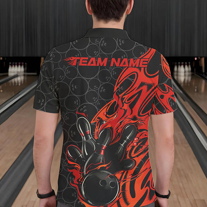 Custom Black And Red Tribal Flame Bowling Team Men Polo Shirts, Bowling Pattern Outfits IPHW8814
