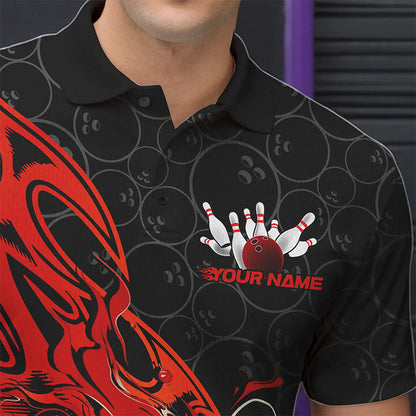 Custom Black And Red Tribal Flame Bowling Team Men Polo Shirts, Bowling Pattern Outfits IPHW8814