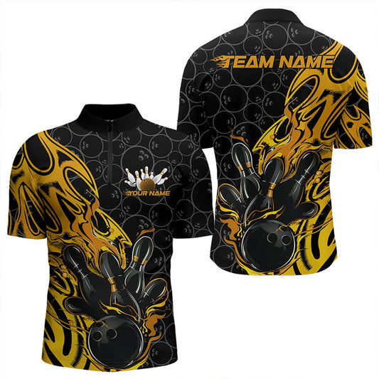 Custom Black And Yellow Tribal Flame Bowling Team Men Quarter-Zip Shirts, Bowling Pattern Outfits IPHW8815
