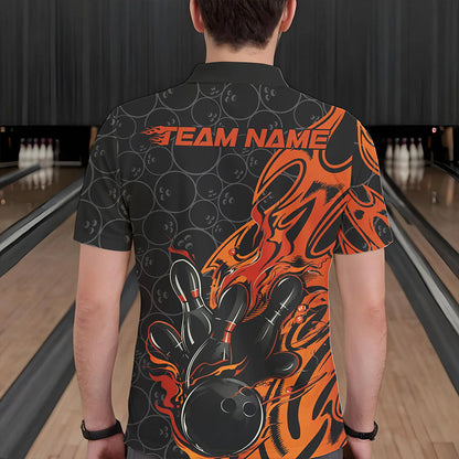 Custom Black And Orange Tribal Flame Bowling Team Men Polo Shirts, Bowling Pattern Outfits IPHW8816
